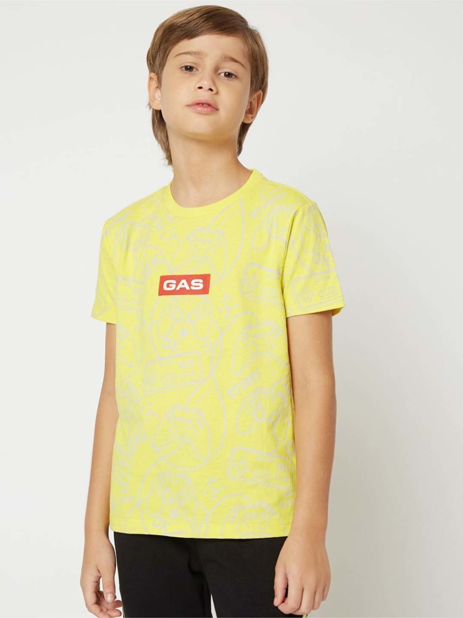Gas Kids Vibrant Yellow Cotton Printed T-Shirt