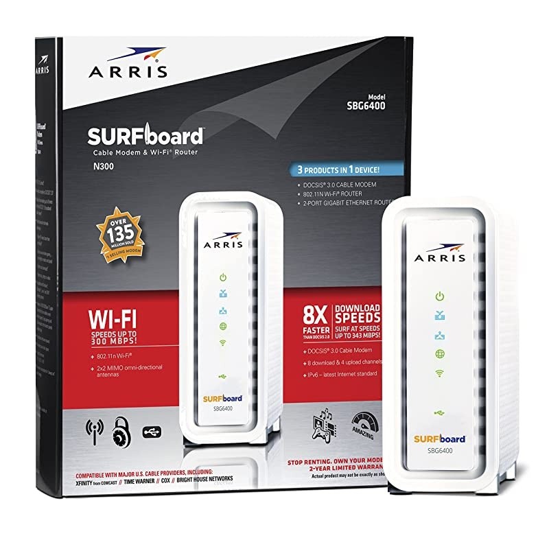 SURFboard SBG6400 8x4 DOCSIS 3.0 Cable Modem / N300 Wi-Fi Router-Retail Packaging-White