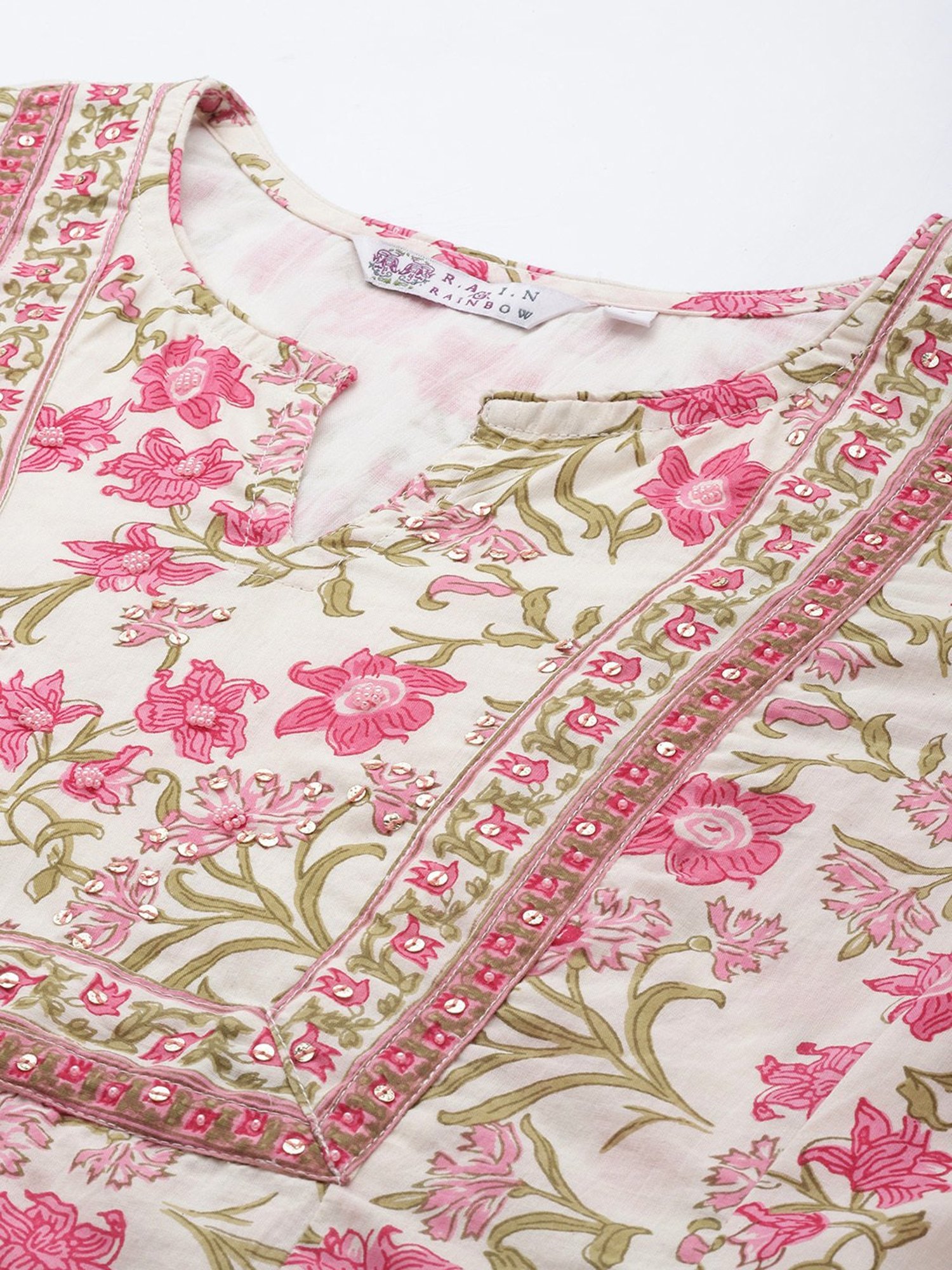 Rain and Rainbow Pink Floral Print Kurta With Pant & Dupatta