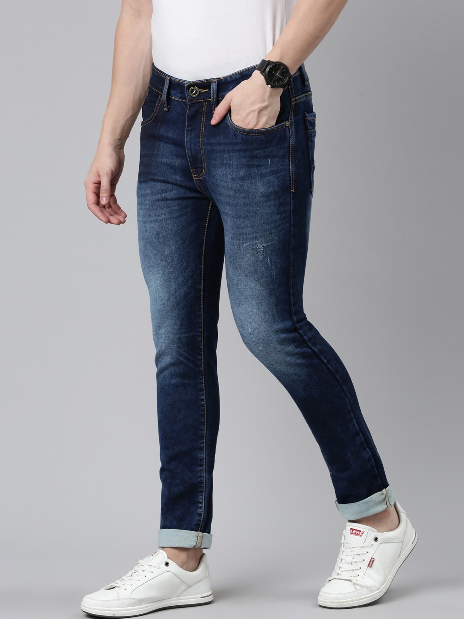 CINOCCI Denim Blue Cotton Slim Fit Jeans