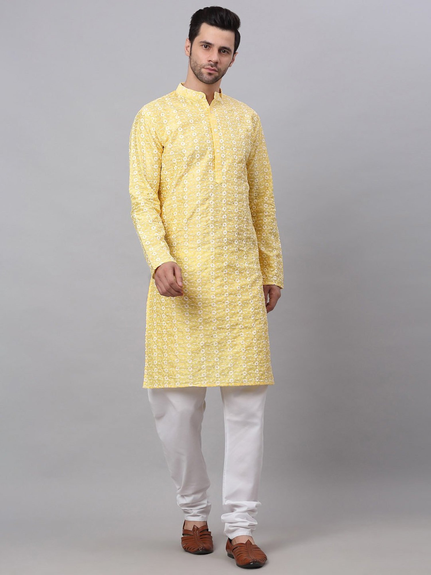 Jompers Yellow Cotton Regular Fit Embroidered Kurta Set