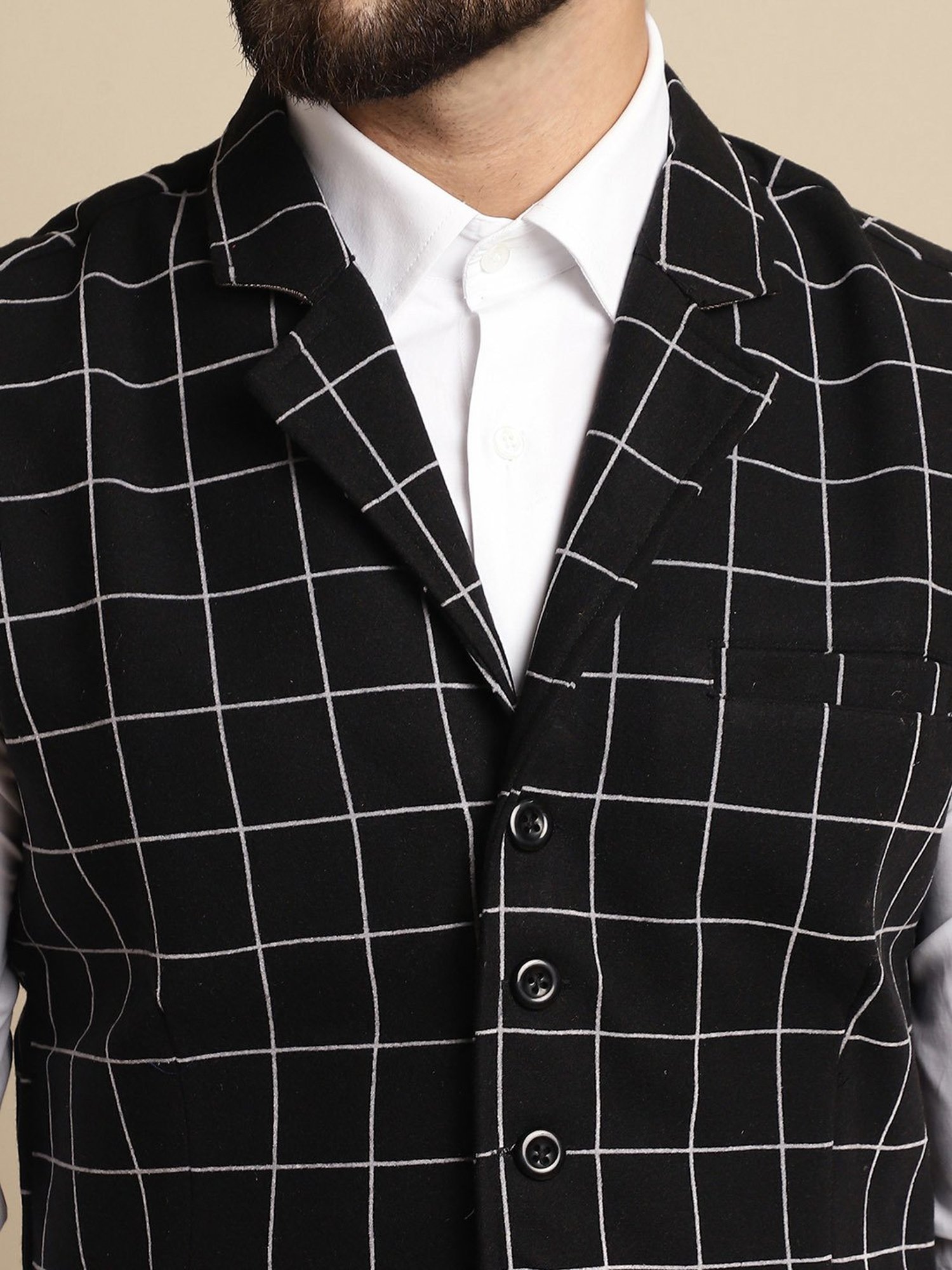 Even Black Regular Fit Notch Lapel Check Waistcoat