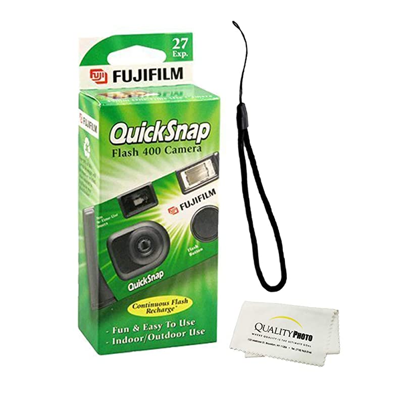 QuickSnap Flash 400 Disposable 35mm Camera 1 Pack + Quality Photo Microfiber Cloth and Camera Wrist Strap