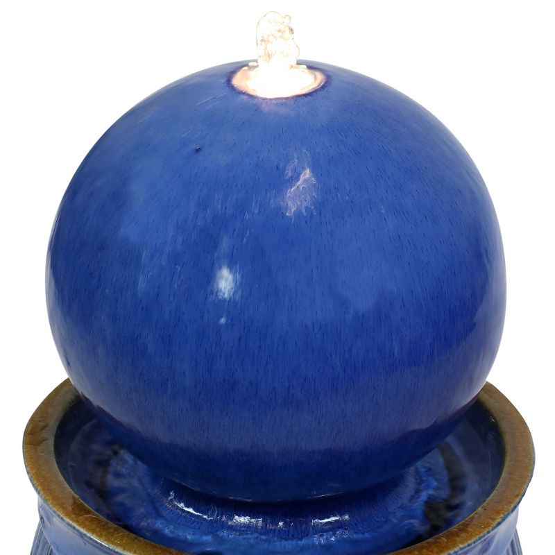 Sunnydaze 29"H Electric Glazed Blue Ceramic Orb on Pedestal Outdoor Water Fountain with LED Light