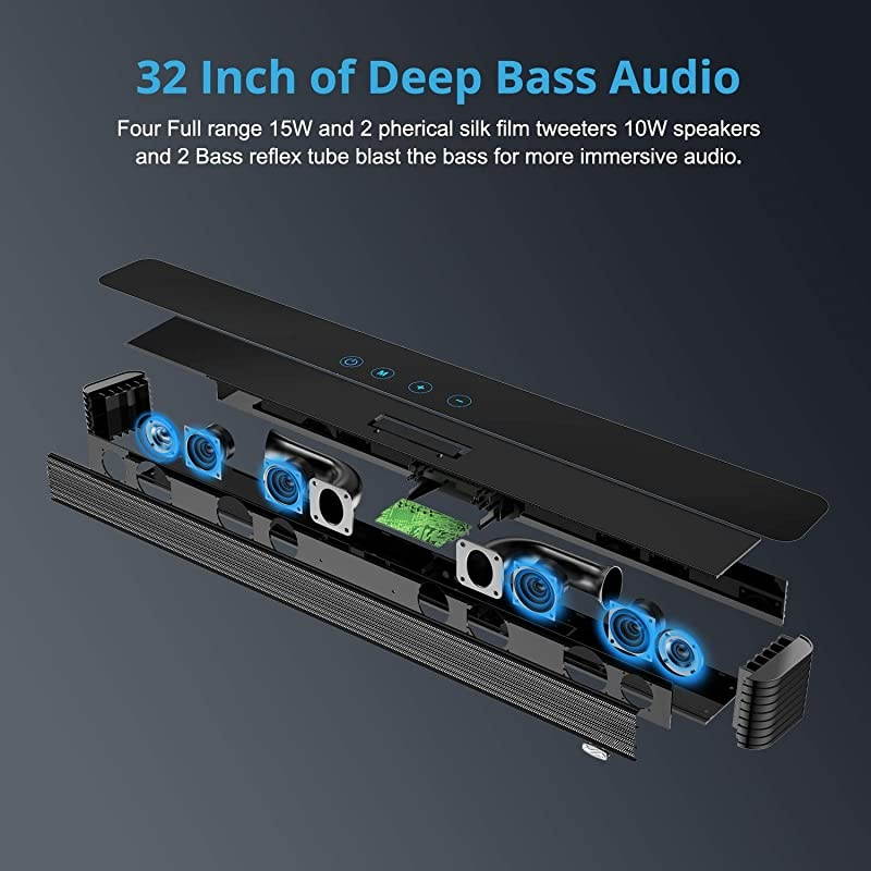 Soundbar, Bestisan TV Sound Bar Wired and Wireless Bluetooth 5.0 Home Theater Speakers (4 Drivers, Enhanced Bass Technology, Dual Connection Methods, Dialogue/Movie/Music Audio Mode)