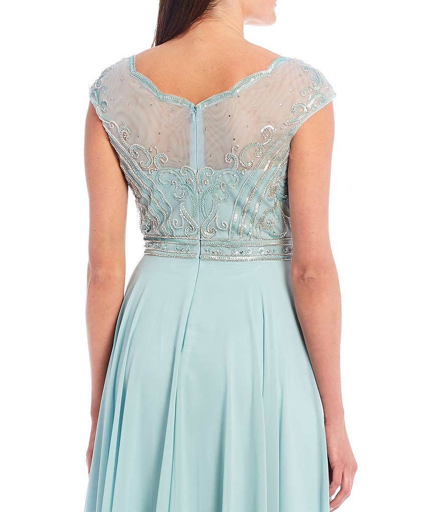 Xscape Beaded Bodice Double V-Neckline Chiffon Ball Gown