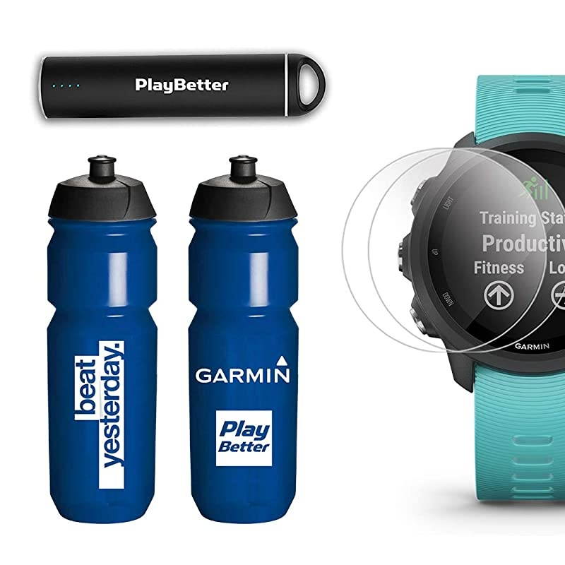 Garmin Forerunner 245 Music (Aqua) Runner's Bundle | +Garmin Water Bottle, HD Screen Protectors &  Portable Charger | Music & Spotify | Running GPS Watch | 010-02120-22