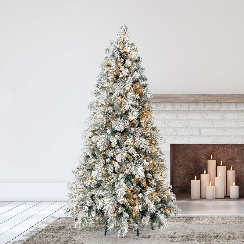 Home Heritage 6.5 Foot Snowdrift Snow Flocked Quick Set Pine Prelit Artificial Christmas Tree w/ Clear White Lights, Pinecones, Berries, & Metal Stand