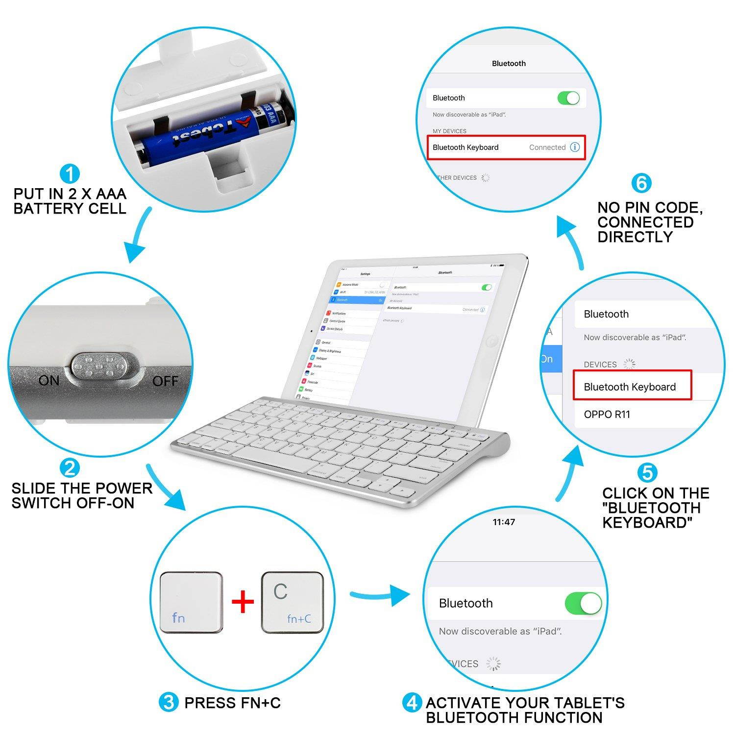 OMOTON Ultra-Slim Bluetooth Keyboard with Sliding Stand for New iPad 2018, iPad 2017, iPad Pro, iPad Mini 4/3/2/1, iPad 4/3/2, iPhone 8/8 Plus, iPhone X and other Bluetooth Enabled Devices, White