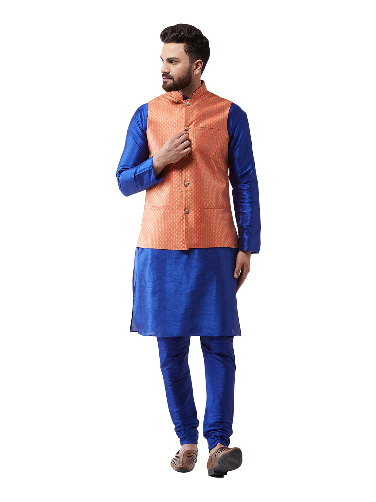 Sojanya Royal Blue & Orange Self Print Suit
