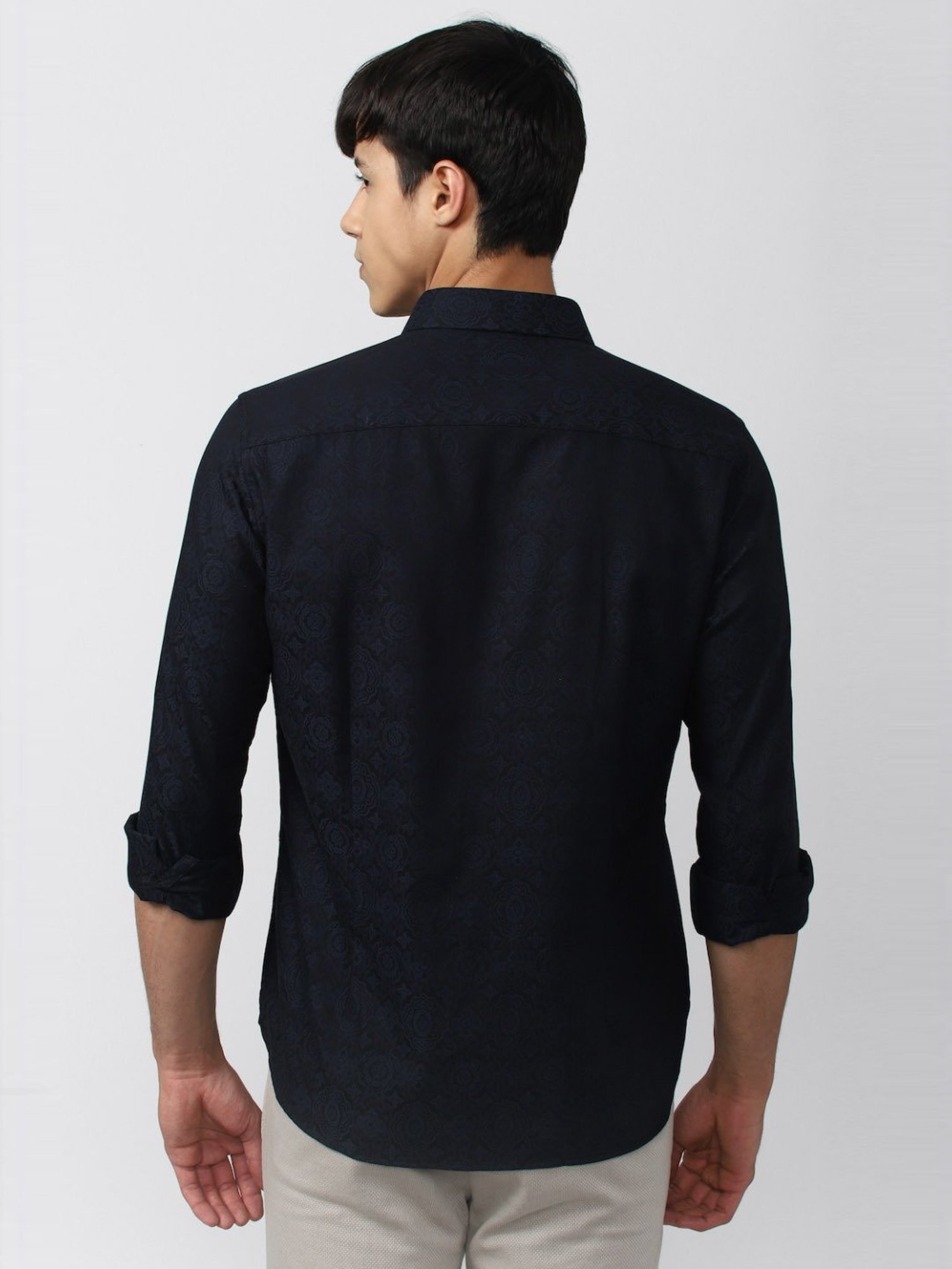 V Dot Navy Blue Cotton Slim Fit Printed Shirt