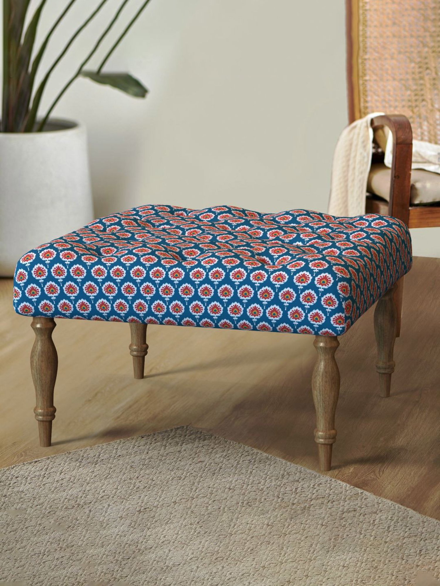 Chumbak Ikat Blue Sheesham Wood English Ottoman
