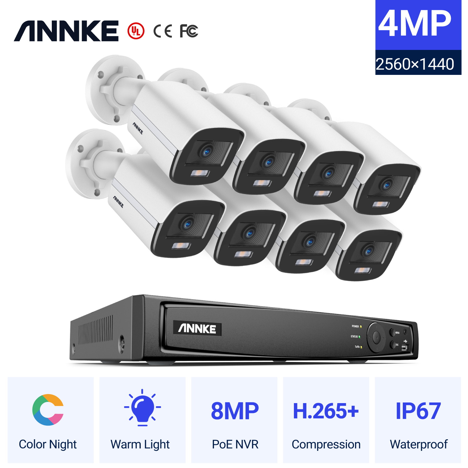 ANNKE 4K Ultra HD PoE NVR System with 4MP Super HD True Full Color Night Vision H.265+ Network PoE Bullet IP Security Cameras for Outdoor Indoor Business Home CCTV Surveillance 8 Cameras - No HDD