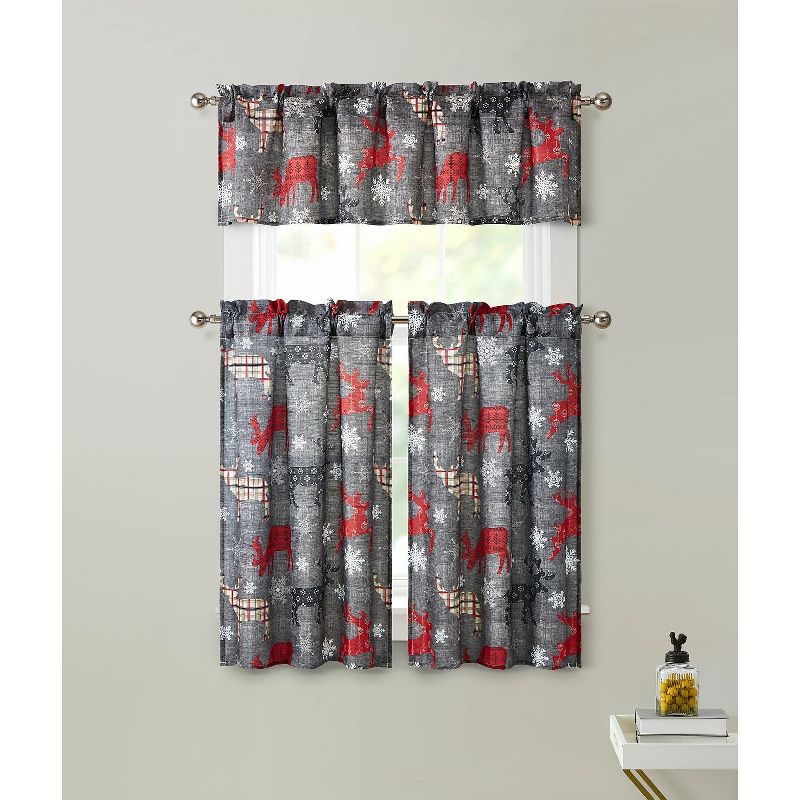 Kate Aurora Holiday Living Classic Poinsettia Complete 3 Piece Christmas Kitchen Curtain Tier & Valance Set - 58 in. W x 36 in. L