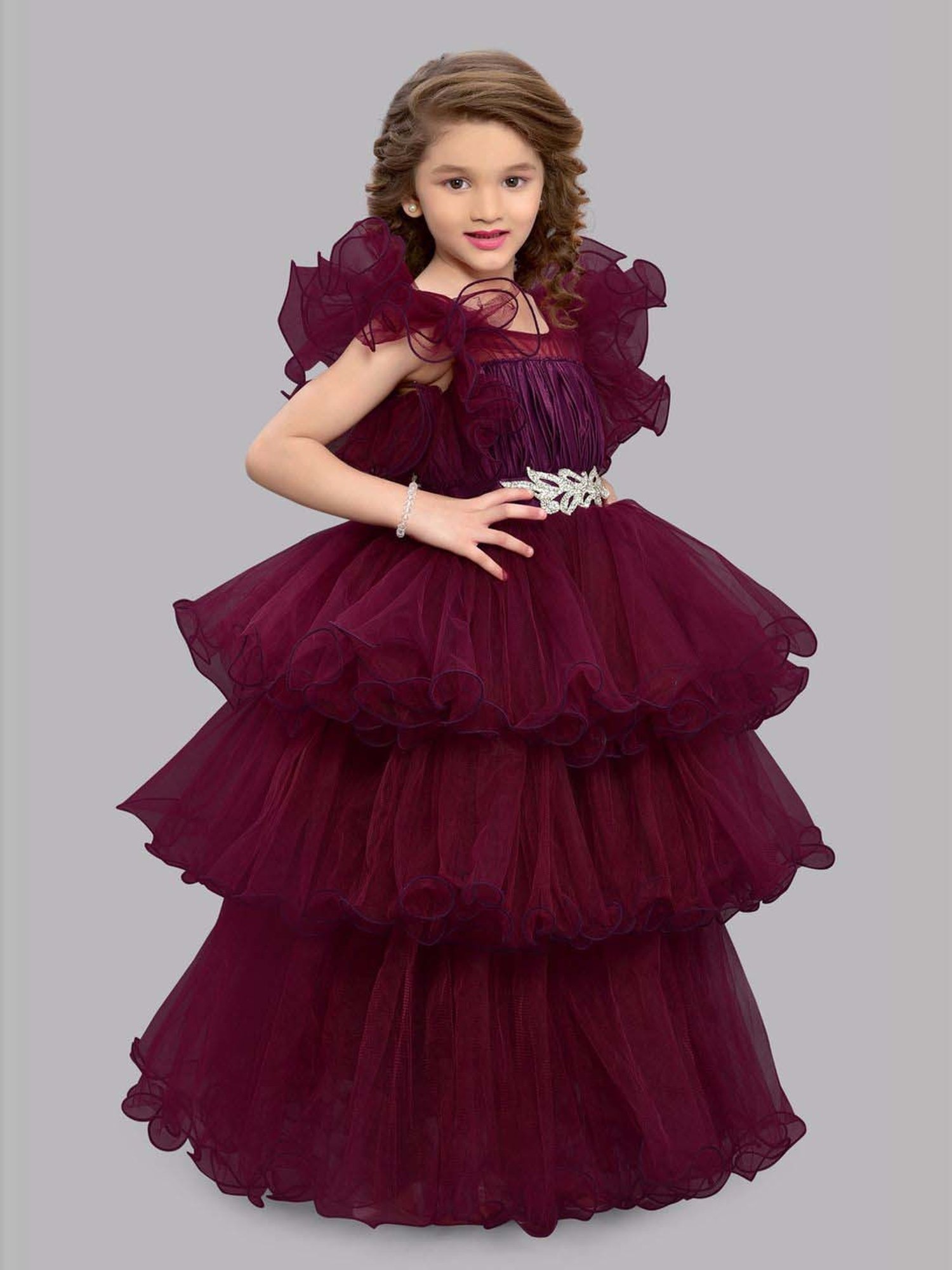 Pink Chick Kids Maroon Solid Party Gowns