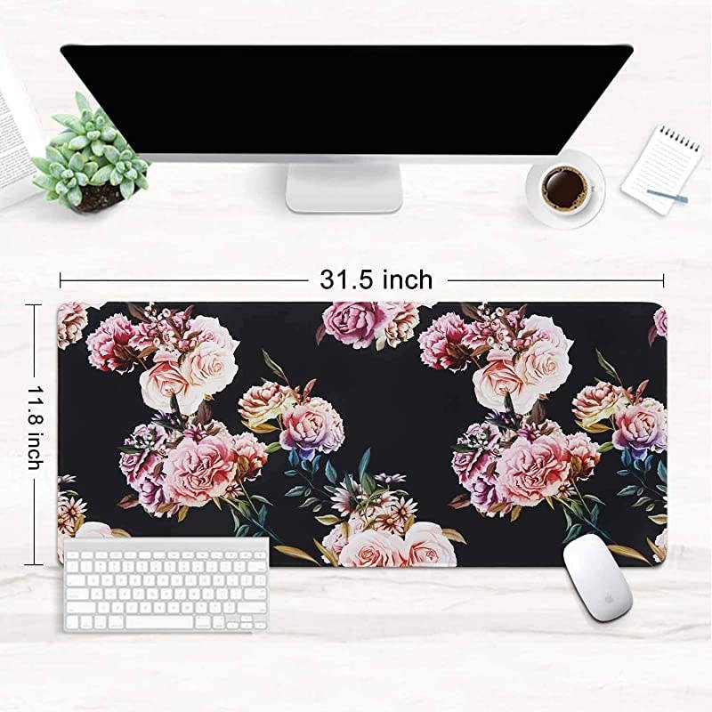 Desk Pad Large Gaming Mouse Pad with Stitched Edges Extended Mouse Pad Desk Mat with NonSlip Rubber Base Waterproof Keyboard Pad Mat for Home Office Work Peony Flower 315x1181 in