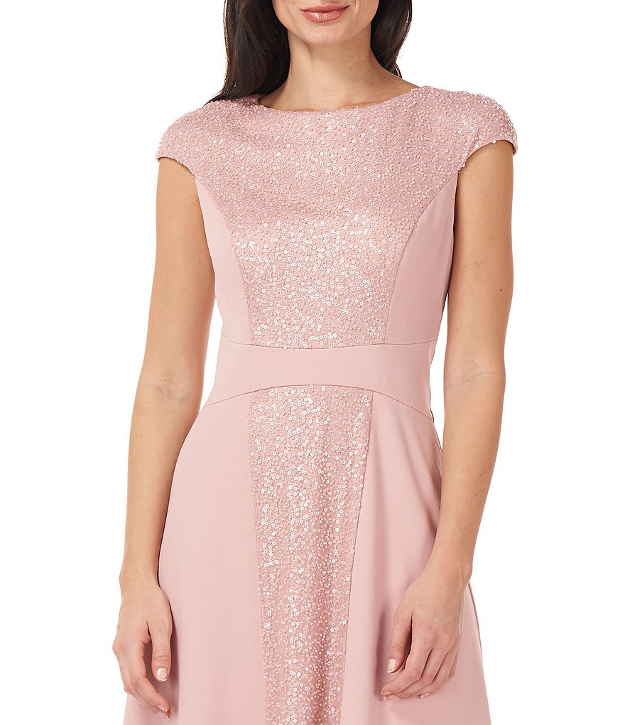 JS Collections Jewel Neck Cap Sleeve Sequined Stretch Crepe Dress