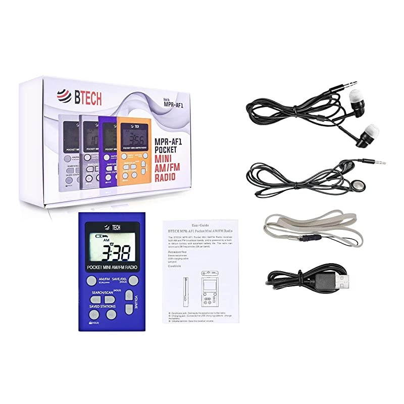 MPRAF1 AM FM Personal Radio with Two Types of Stereo Headphones Clock Great Reception and Long Battery Life Mini Pocket Walkman Radio with Headphones Blue