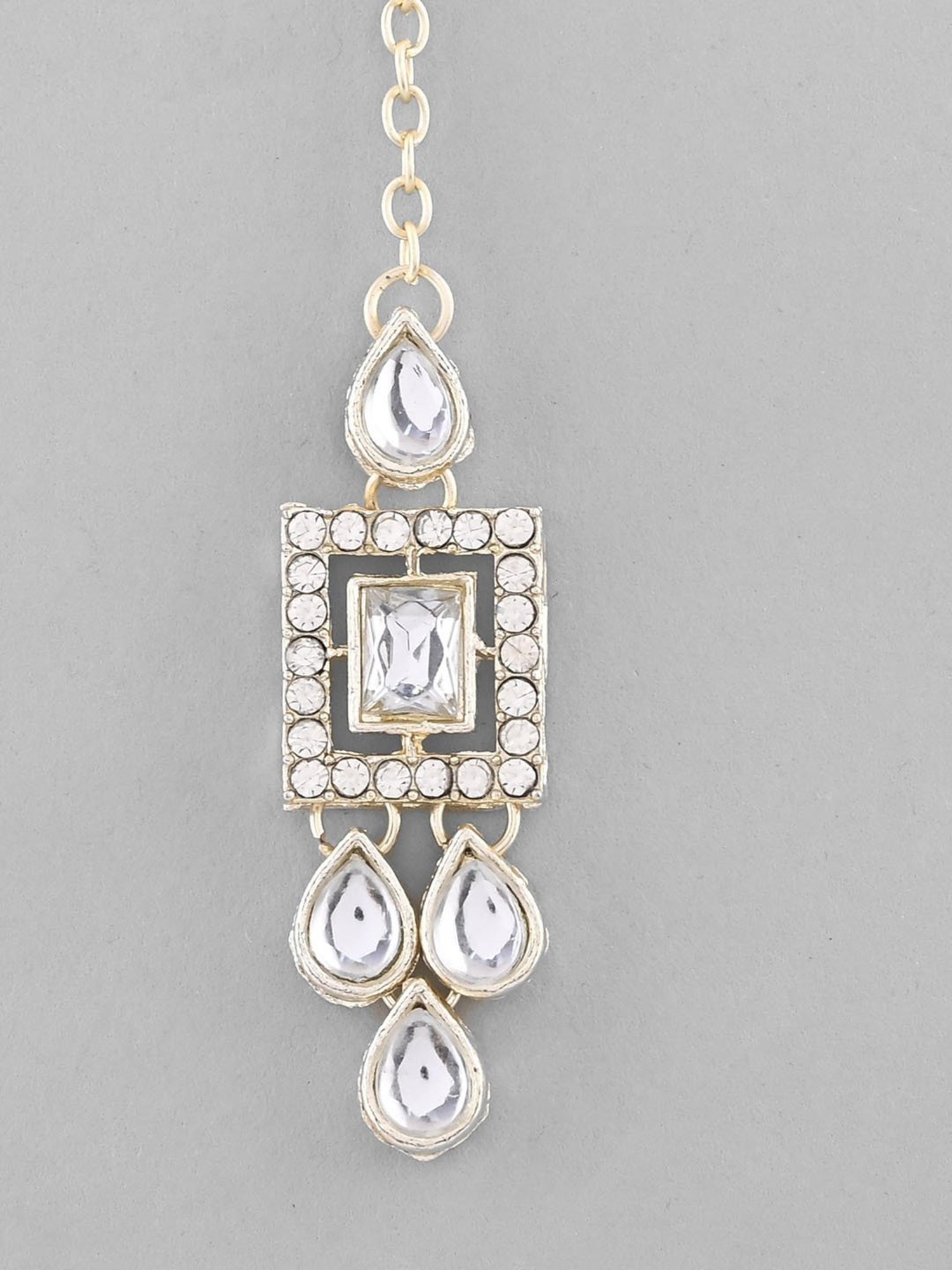 VOJ Silver Plated Stone Studded Designer Necklace with Earrings and Mangtikka for Women