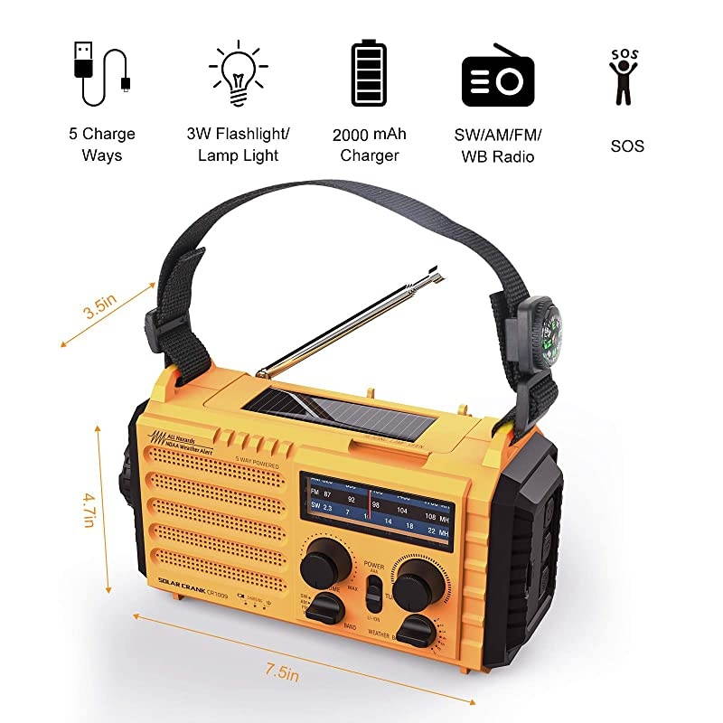 Weather Radio  Solar Hand Crank Emergency Radio 5 Ways Powered AMFMSWNOAA Weather Alert Portable Radio with Flashlight Reading Lamp Cellphone Charger and SOS Alarm Yellow