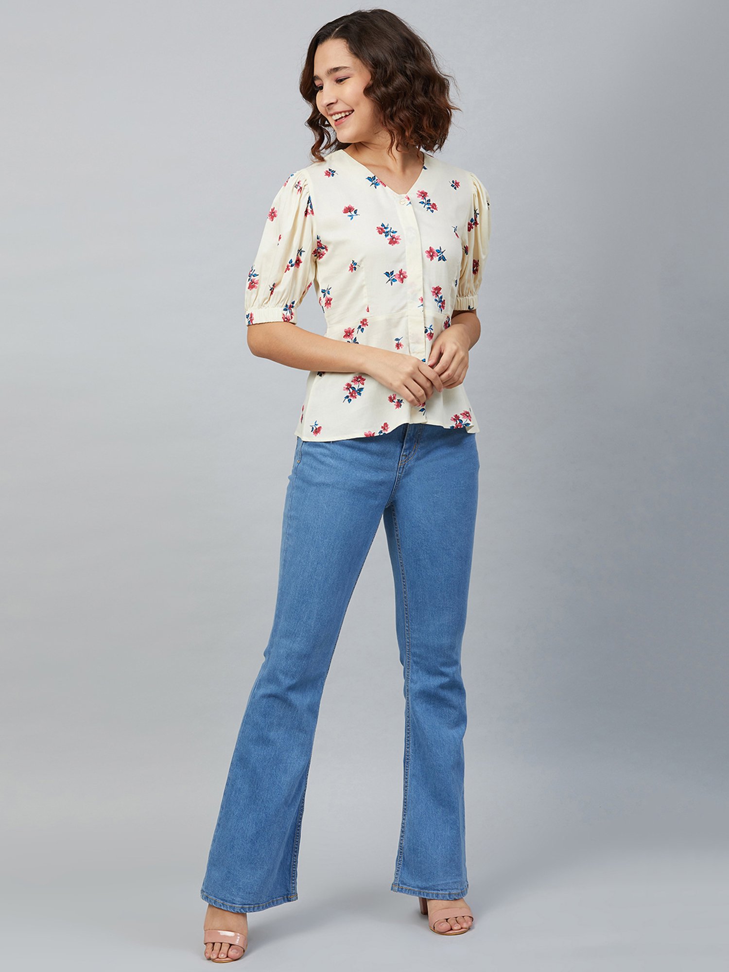 Carlton London Off White Floral Print Top