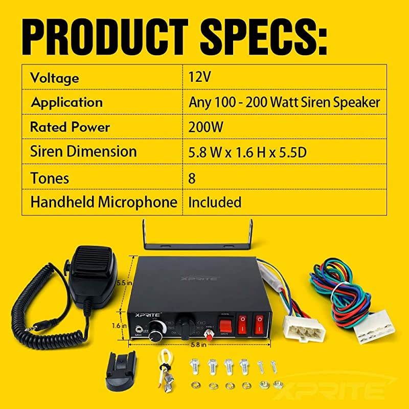 200 Watt 8 Tones Emergency Warning Siren PA System Kit wHandheld Microphone Light Control Switches Speaker Not Included