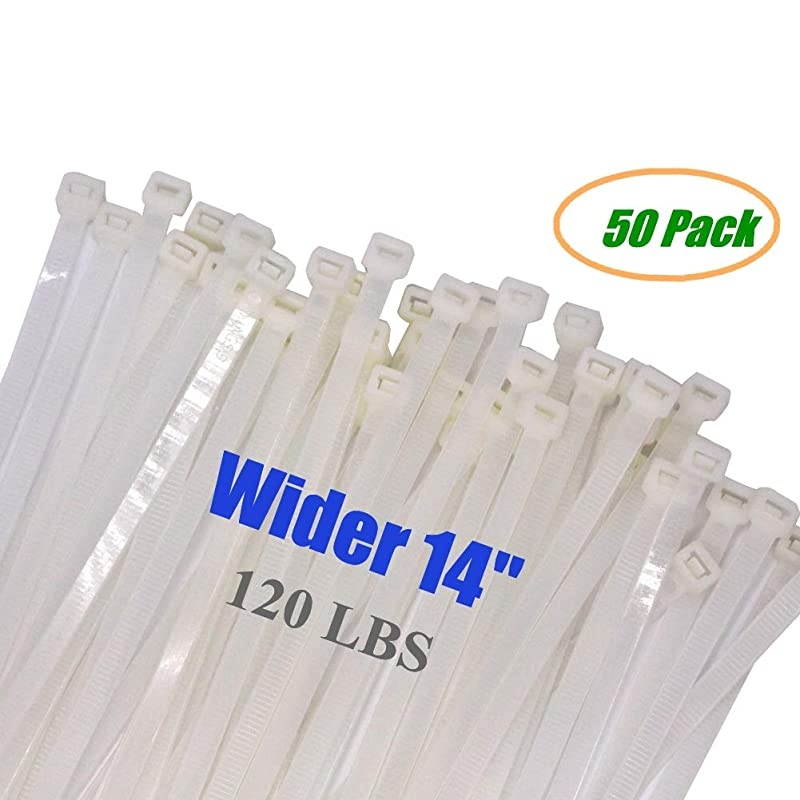 Long 14 Inch White Clear Strong Cable Ties, Upgrade Industrial UV Resistant Durable Life Zip Ties, Heavy Duty Cable Management for Large Objects (14 inch, 120LB, White, 50 Pack)