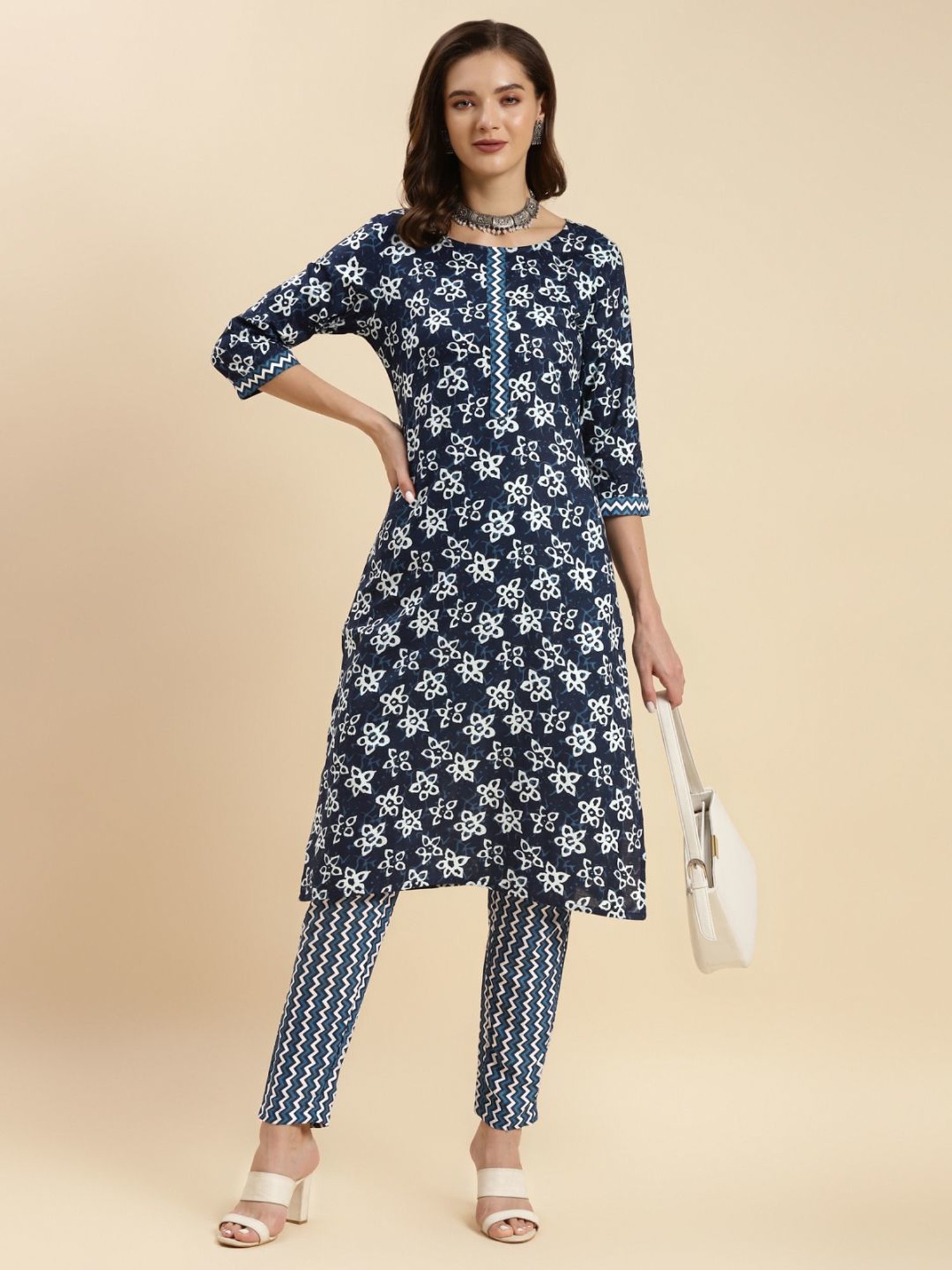 Rangita Navy Cotton Printed Kurta Pant Set