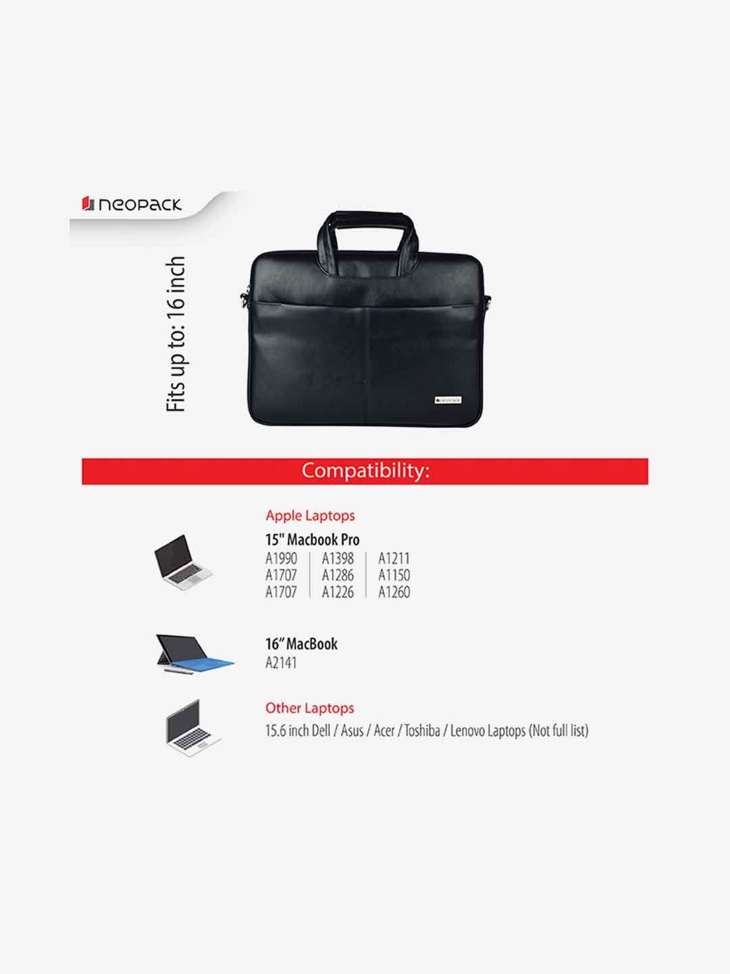 Neopack Leather Sleeve Laptop Bag for 15 Inch Laptops & 16 Inch Macbooks (Black)