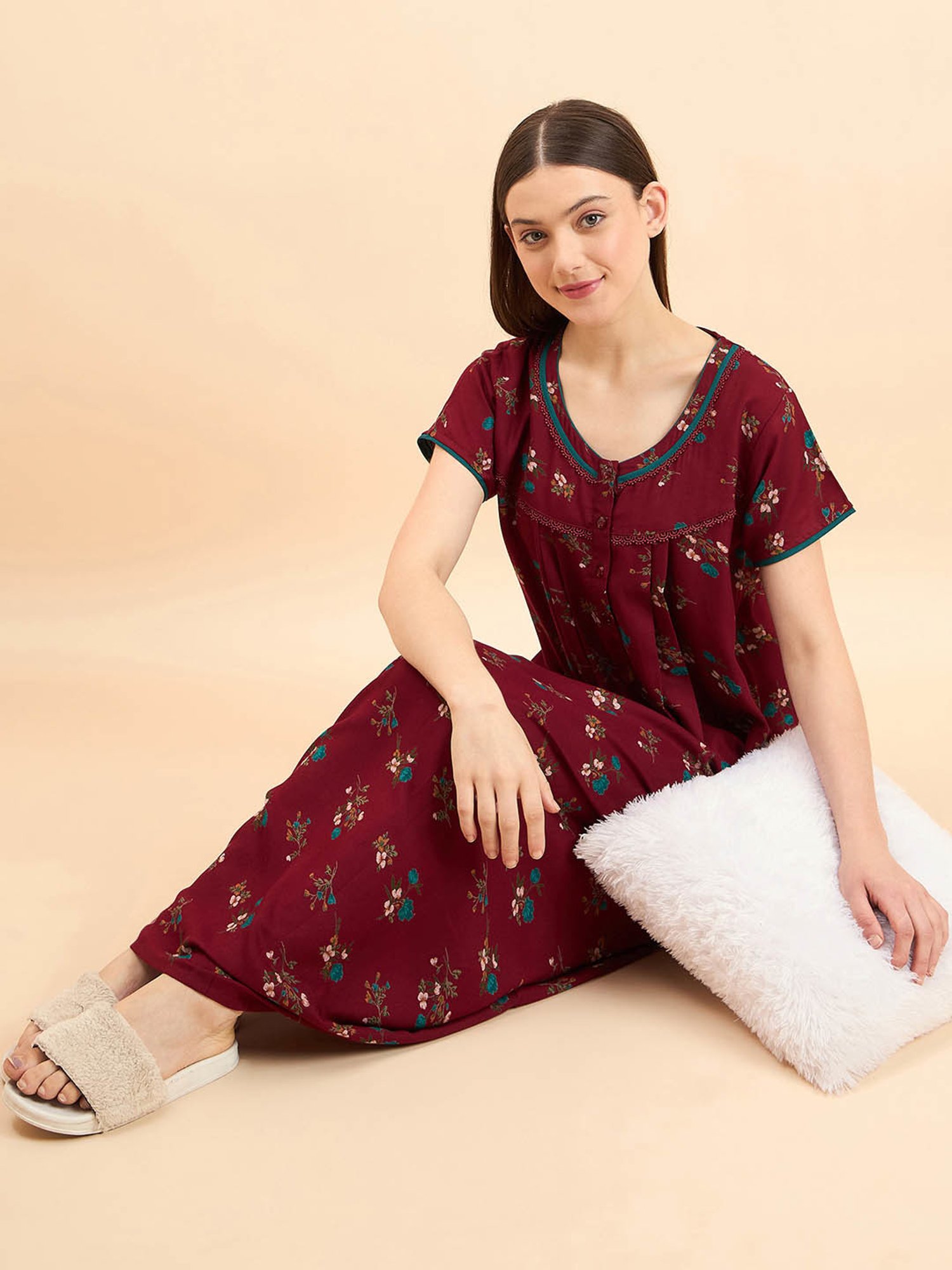 Sweet Dreams Maroon Cotton Floral Print Nighty