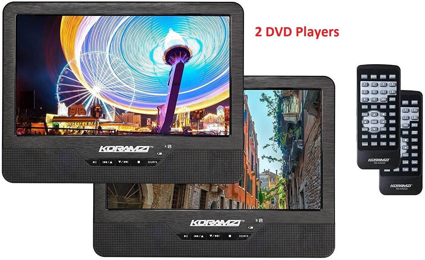 Koramzi Portable 9" Dual Screen Dual DVD Player W Rechargeable Battery/ AC Adapter/ AV in/ USB &SD Card Reader/ Remote Control/ Car Adapter/ IR Transmitter Ready/ USB /Headrest Mounting Kit