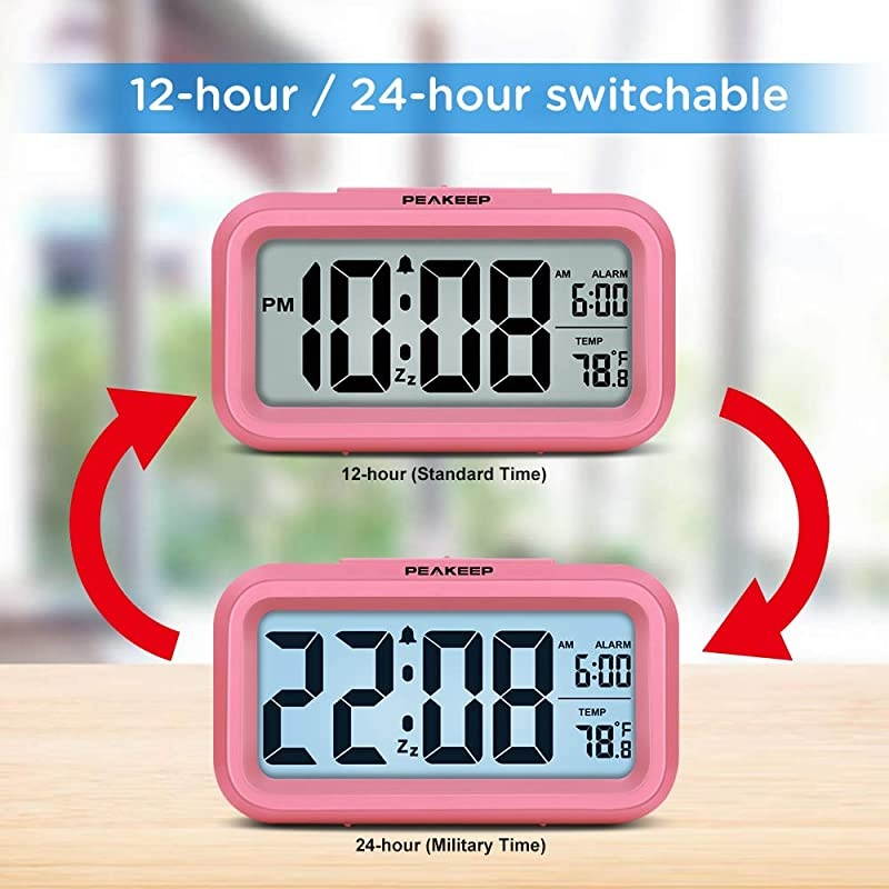 Smart Night Light Digital Alarm Clock with Indoor Temperature, Battery Operated Desk Small Clock (Pink)