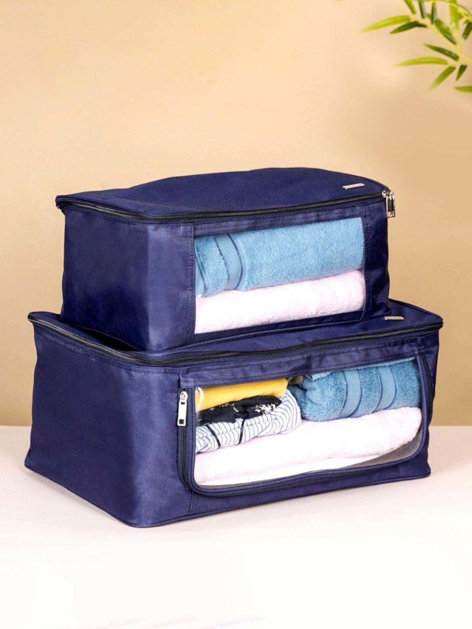 Nestasia Organizer For Clothes Set Of 2, Blue Transparent Bags With Zippered Front & Top Openings