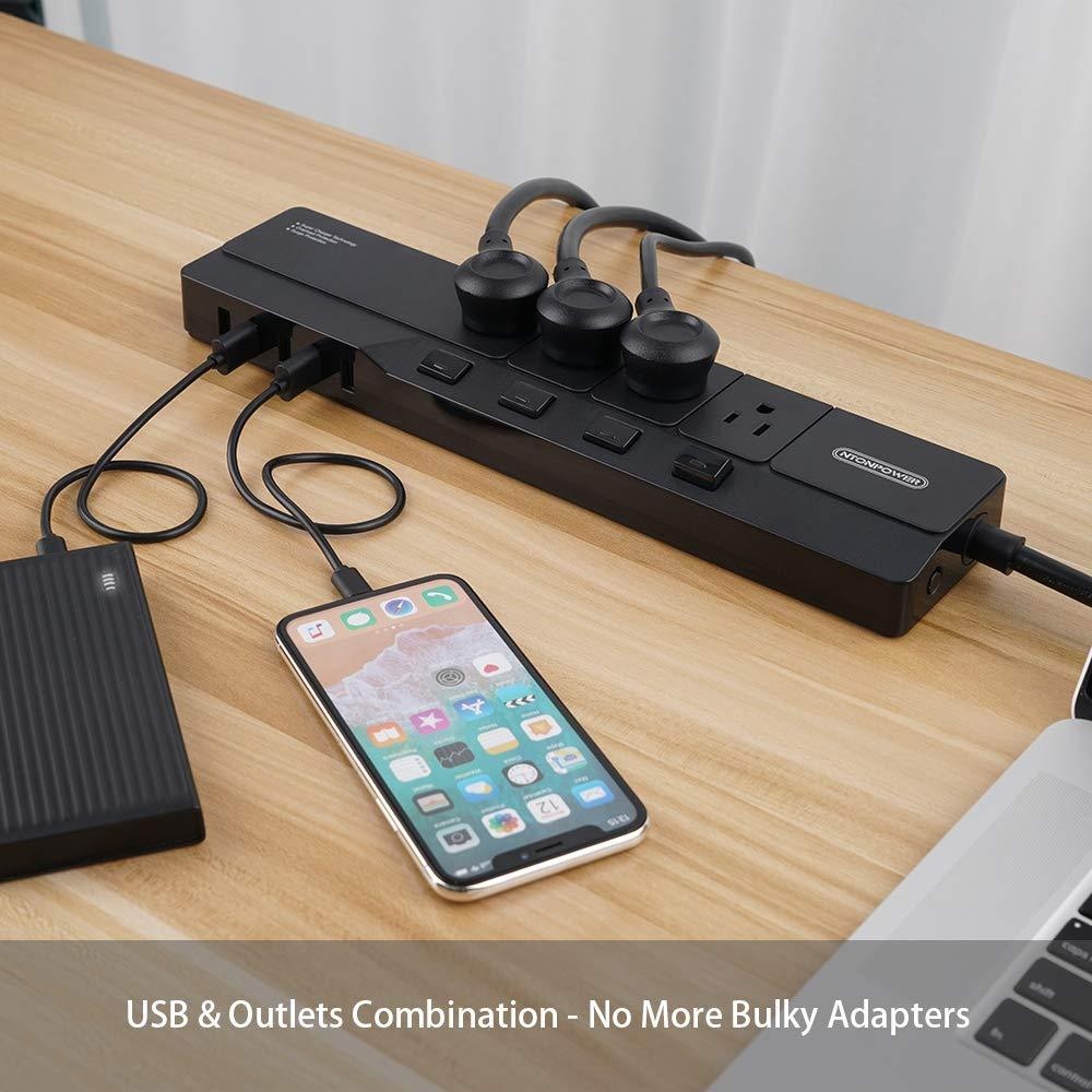 Surge Protector Power Strip with USB, NTONPOWER 4 Outlets 5 USB Desktop Charging Station, Individual Switch Controlled, Flat Plug, Circuit Breaker, 5ft Heavey Duty Extension Cord - Black