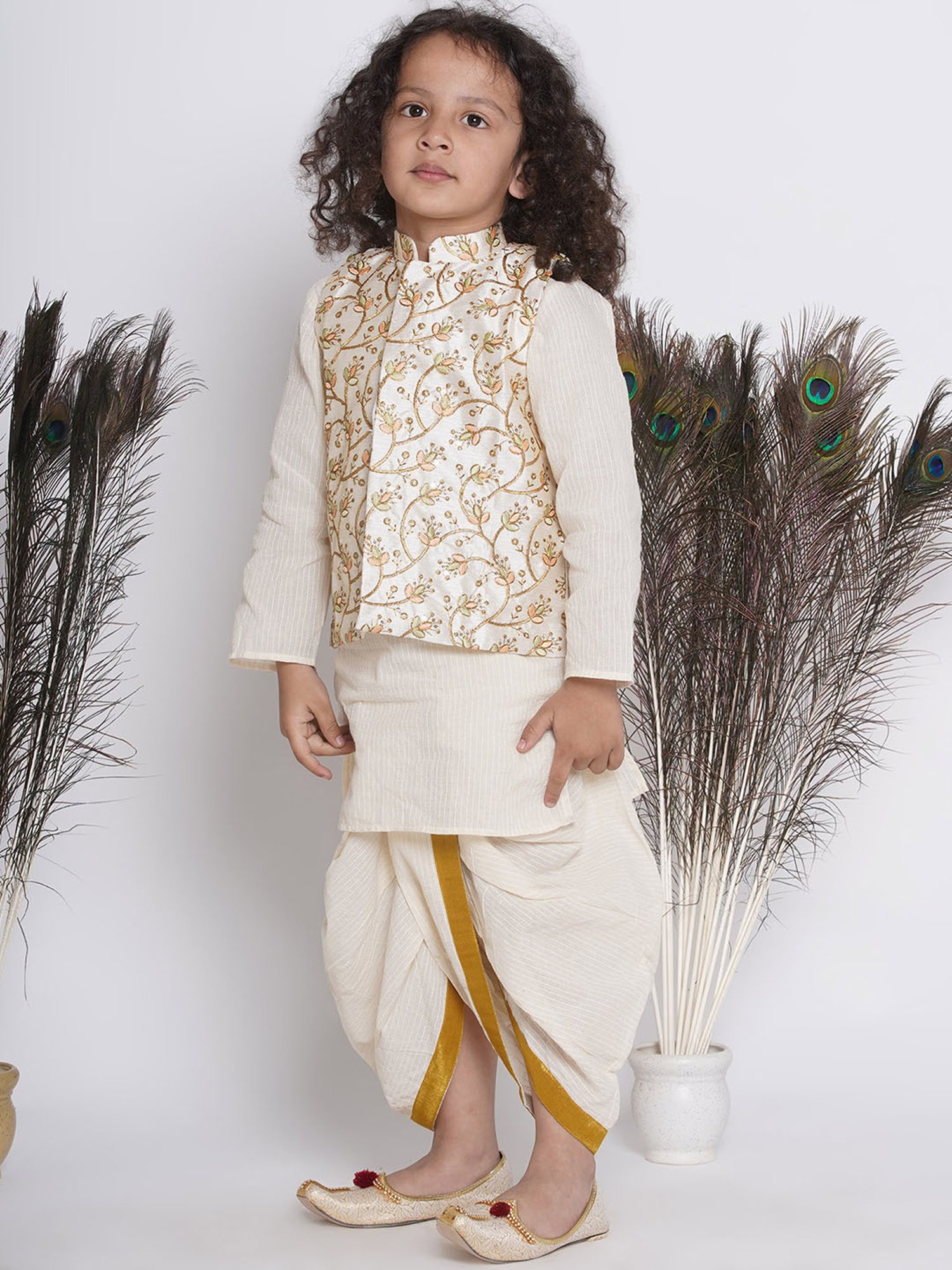 Little Bansi Kids Cream Embroidered Full Sleeves Kurta , Jacket with Dhoti