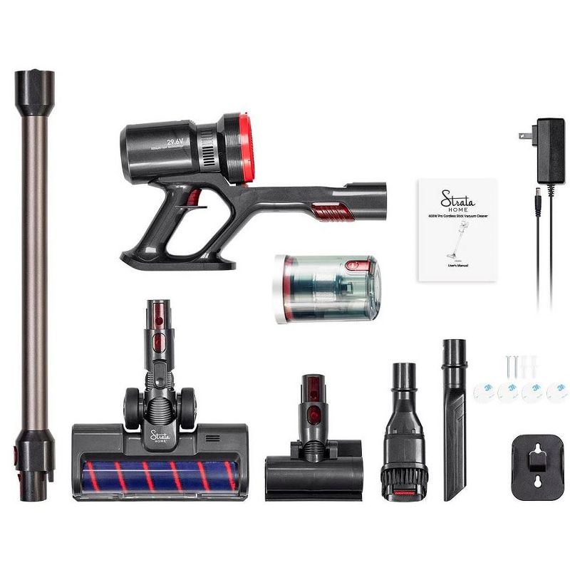 Monoprice Strata Pro Cordless Stick Vacuum Cleaner, 400W Power, 3 Power Settings 45 Minutes Run Time, Built In LEDs, Wall Mount & Attachments Included