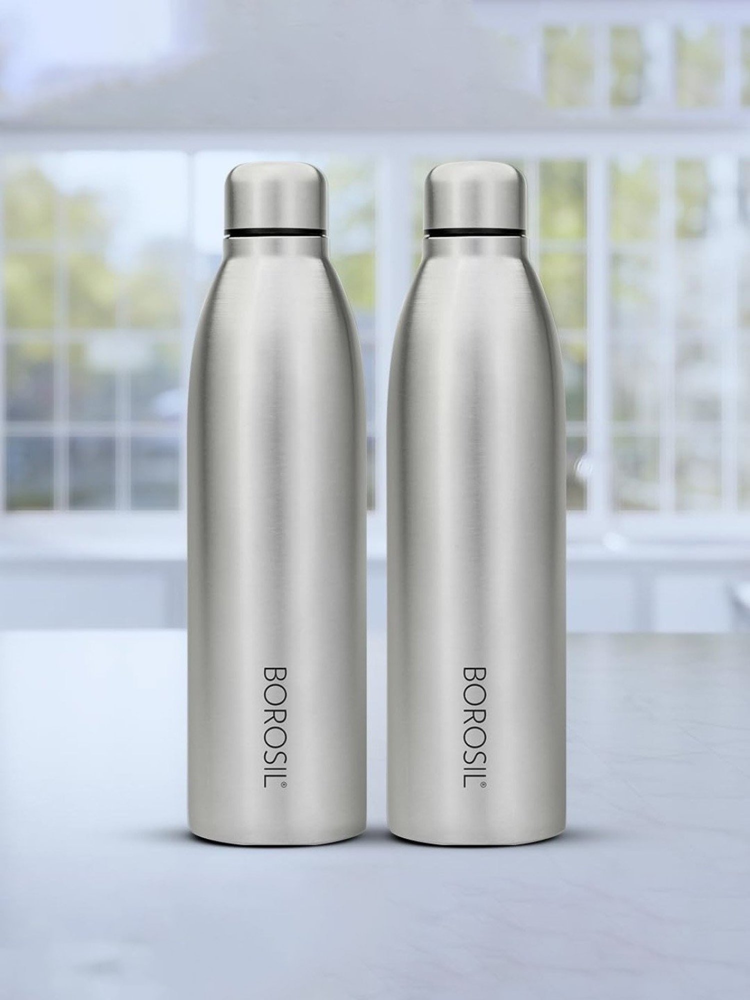 Borosil Water Bottle with Leak-Proof Set of 2 (Silver, 950 ml)