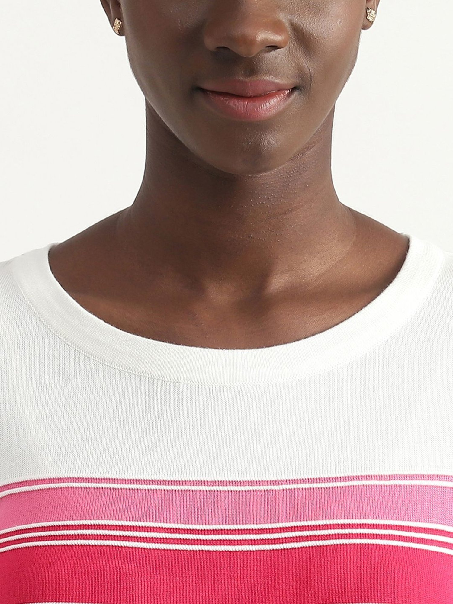 United Colors of Benetton White & Pink Cotton Striped Top