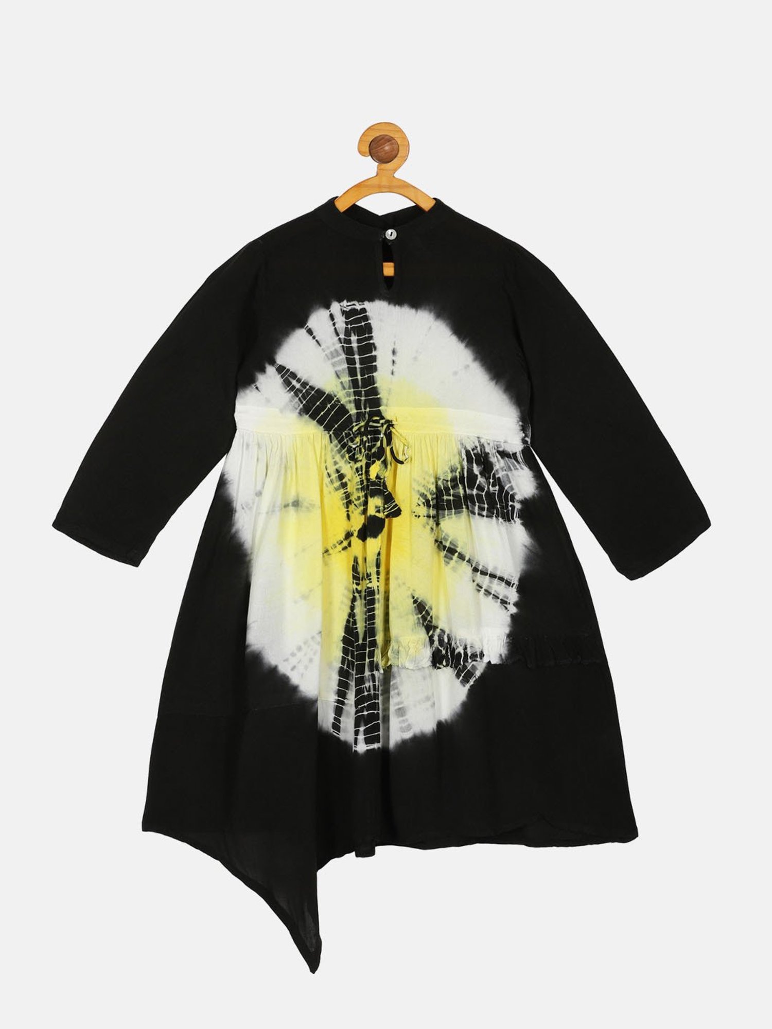 Kiddopanti Kids Yellow & Black Tie Dye Full Sleeves Dress