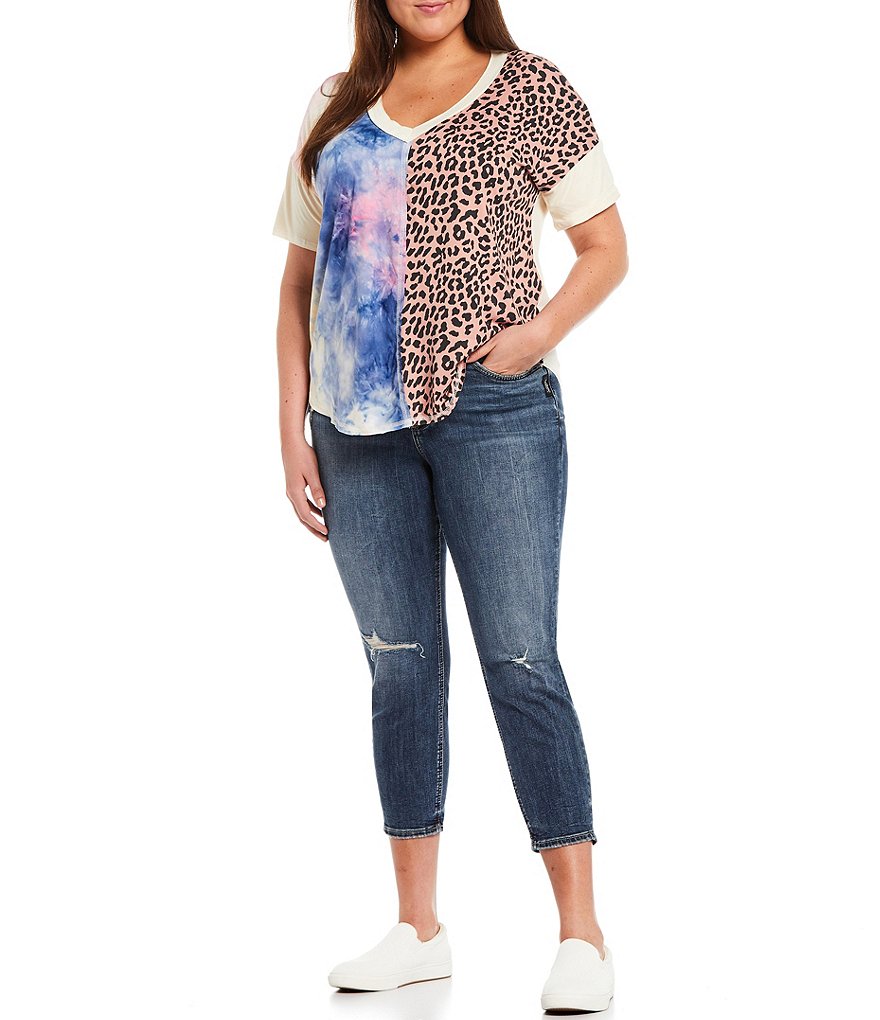 Moa Moa Plus Size Tie Dye Half Animal Print Knit V-Neck Middle Front Raw Edge Trim Short Sleeve Top