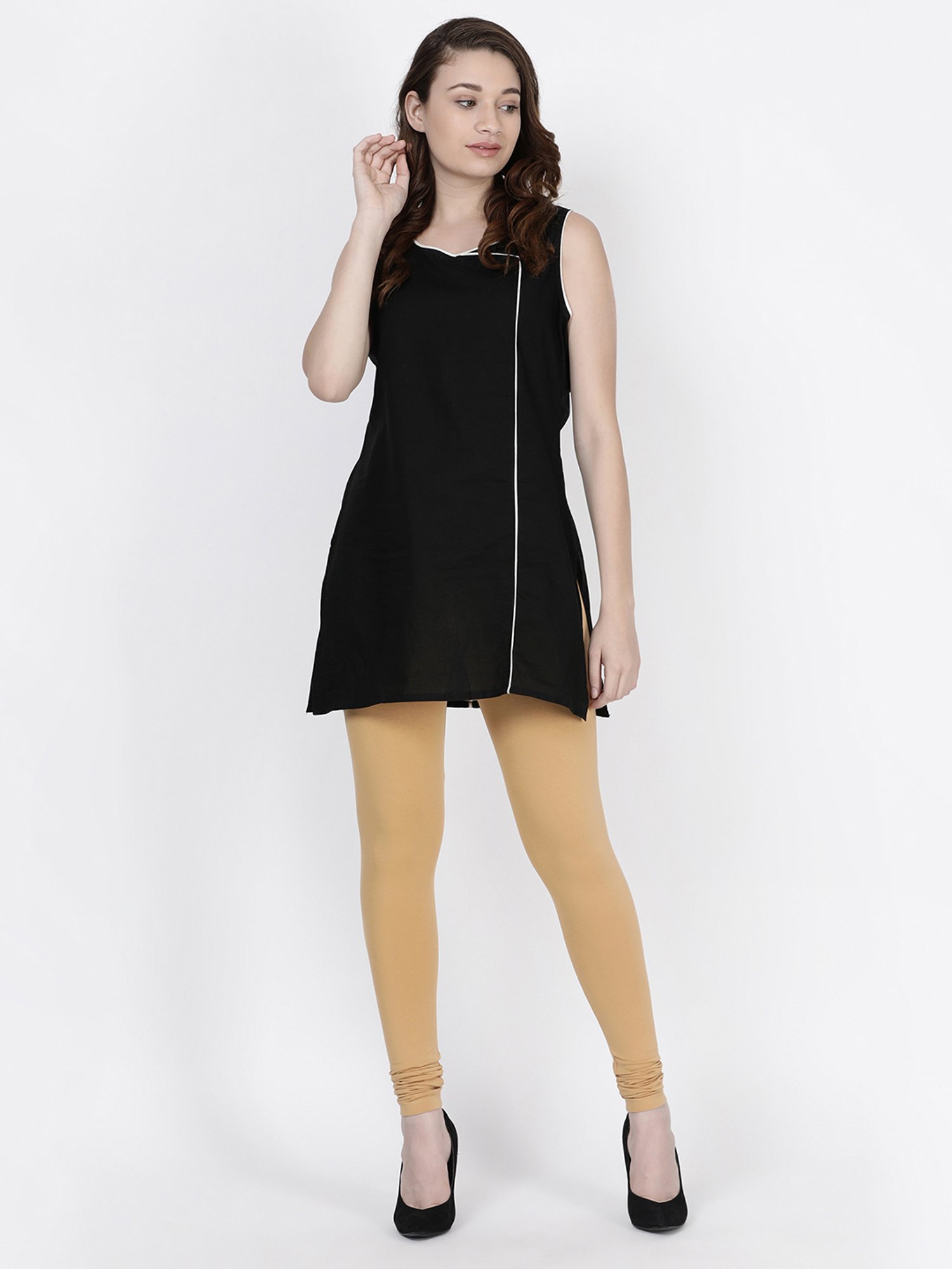 TWIN BIRDS Beige Cotton Full Length Leggings