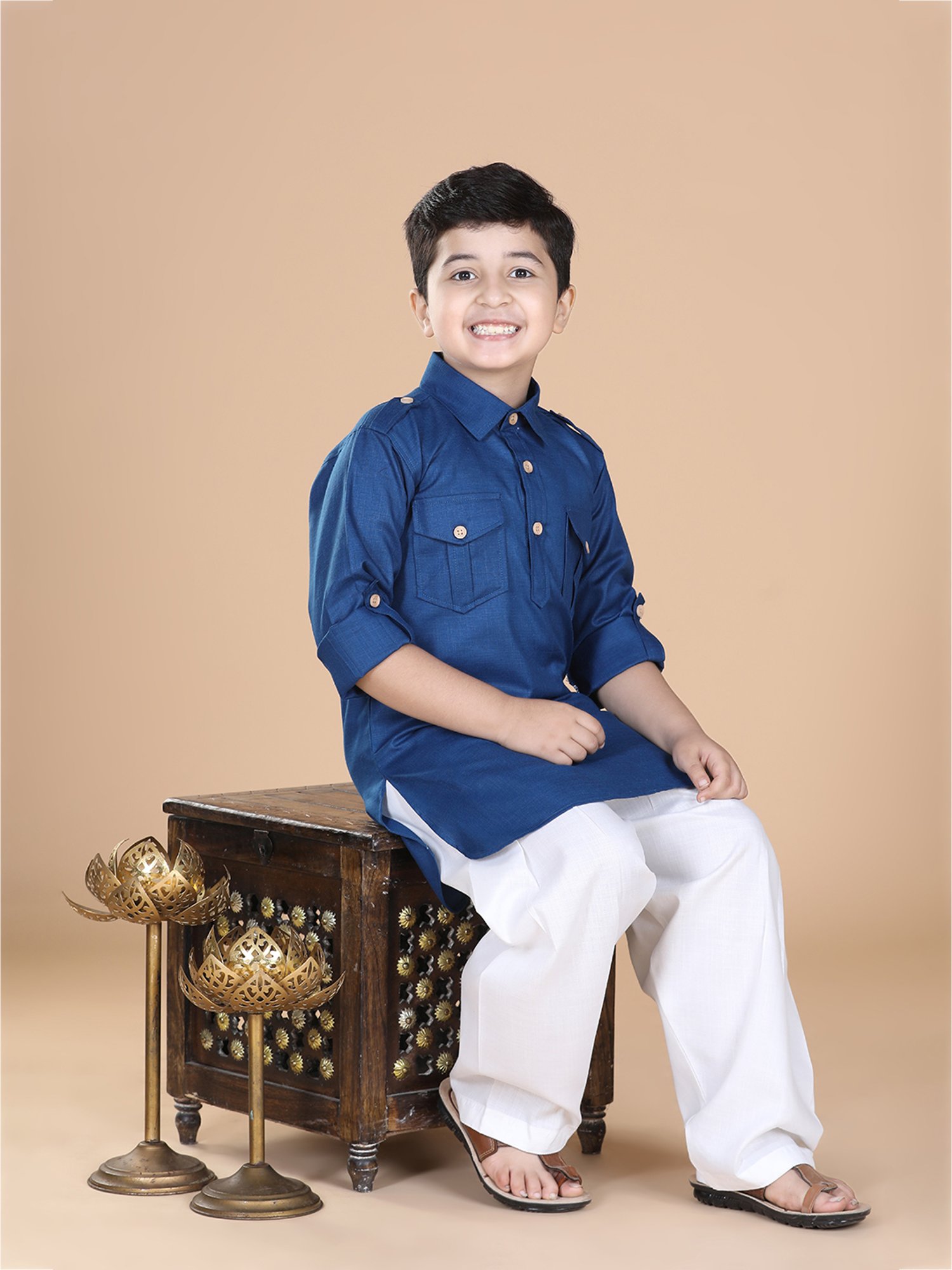 VASTRAMAY Boys Yellow & White Cotton Printed Full Sleeves Kurta Sets