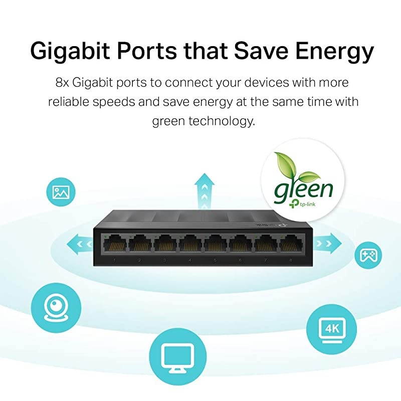 Litewave 8 Port Gigabit Ethernet Switch | Desktop Ethernet Splitter | Plastic Case | Unshielded Network Switch | Plug Play | Fanless Quiet | Unmanaged LS1008G