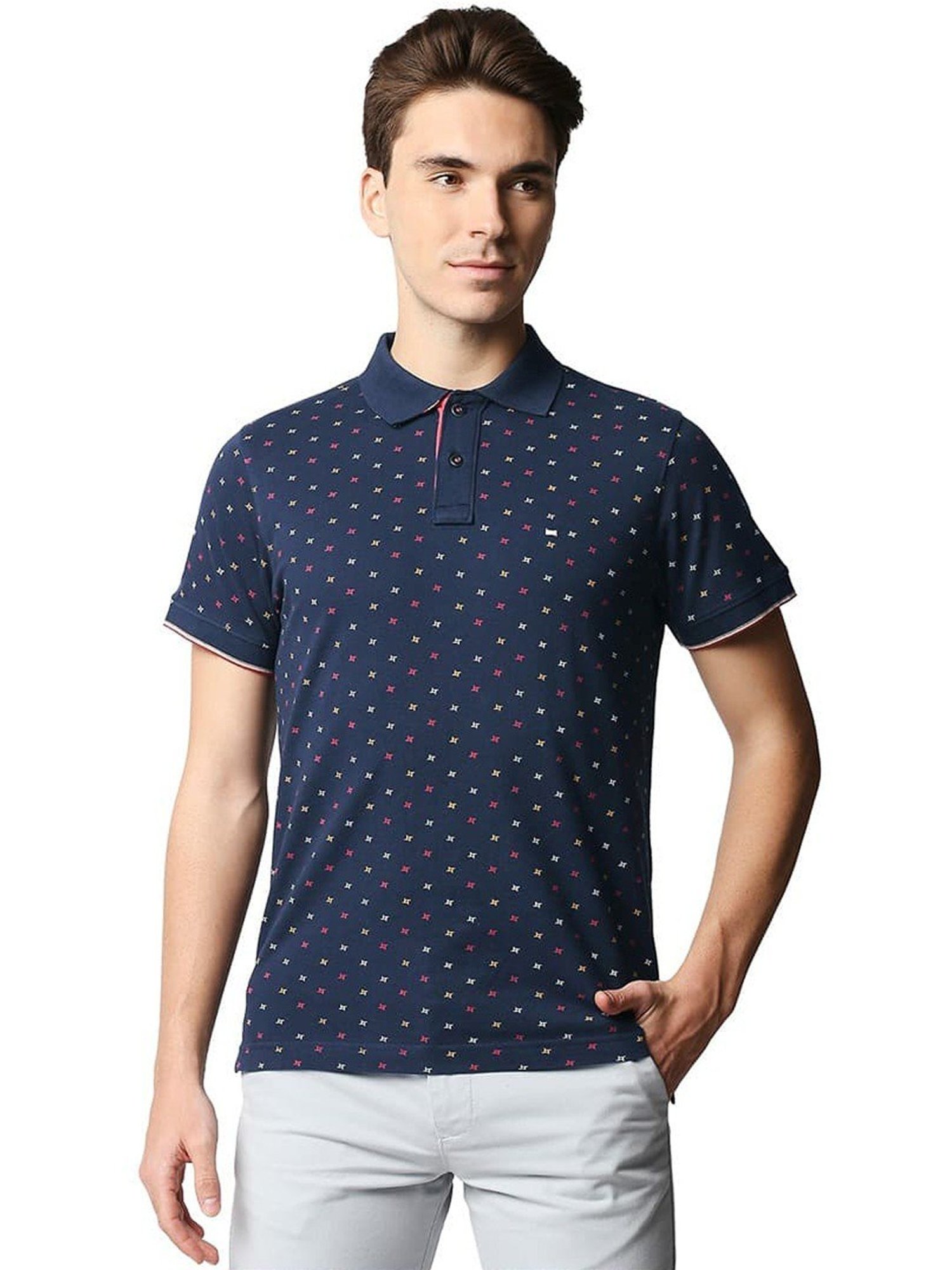 Basics Pageant Blue Cotton Muscle Fit Printed Polo T-Shirt