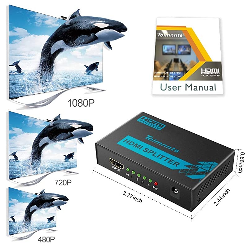 HDMI Splitter 1 in 4 Out Powered by AC Adapter, Supports 4K@30Hz 3D Full HD1080P, Compatible with Xbox PS3 PS4 Fire Stick Roku Blu-Ray Player HDTV - 1 Input to 4 Outputs