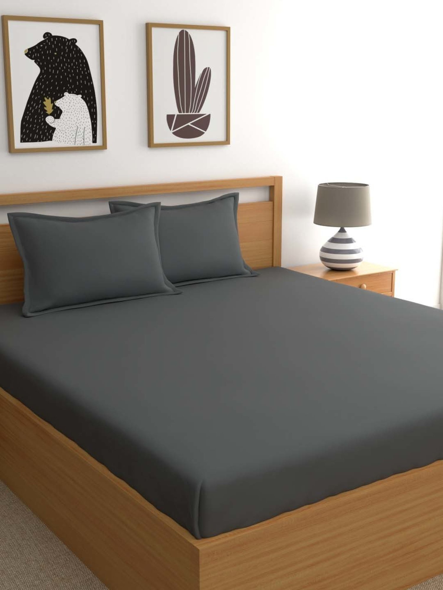 Dreamscape Dark Grey Cotton 400 TC King Bedsheet with 2 Pillow Covers