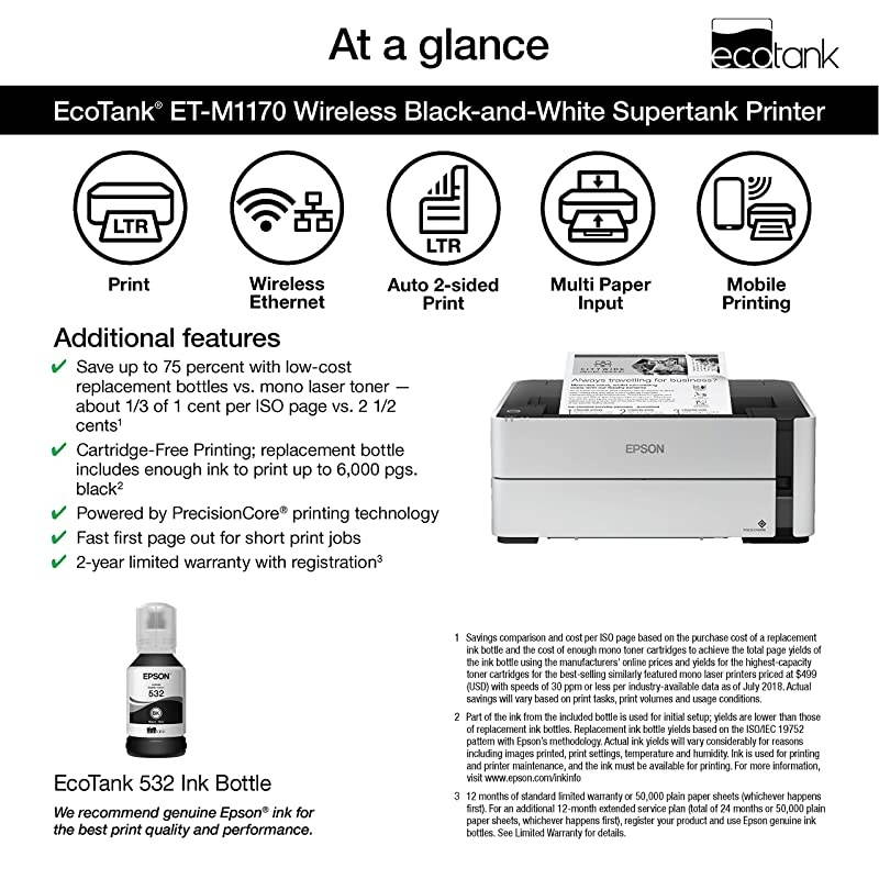 EcoTank ETM1170 Wireless Monochrome Supertank Printer with Ethernet PLUS 2 Years of Unlimited Ink