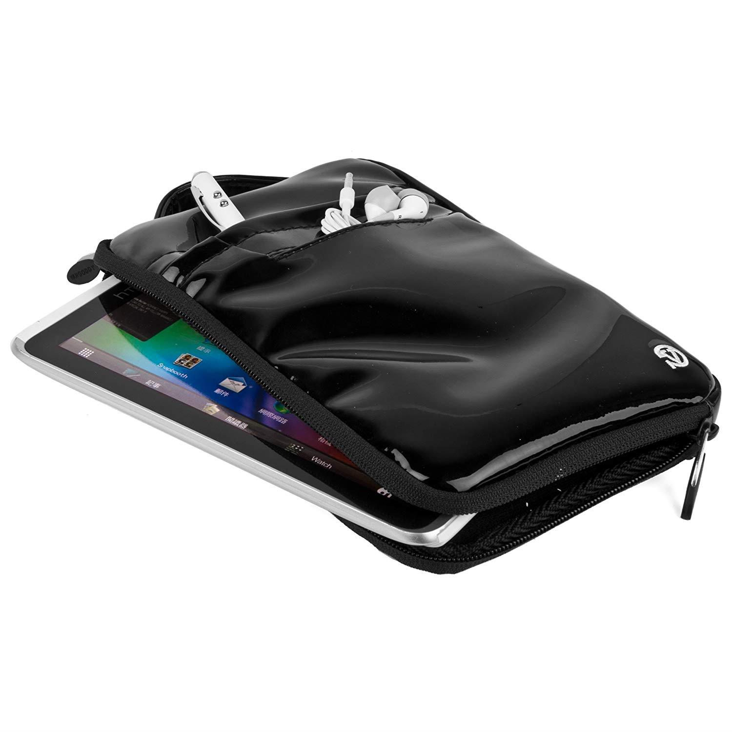 VanGoddy Glossed Black Padded Tablet Sleeve Carrying Case with Wireless Headphones for Kobo Aura Edition 2, H2O Edition 2, H2O. Clara HD