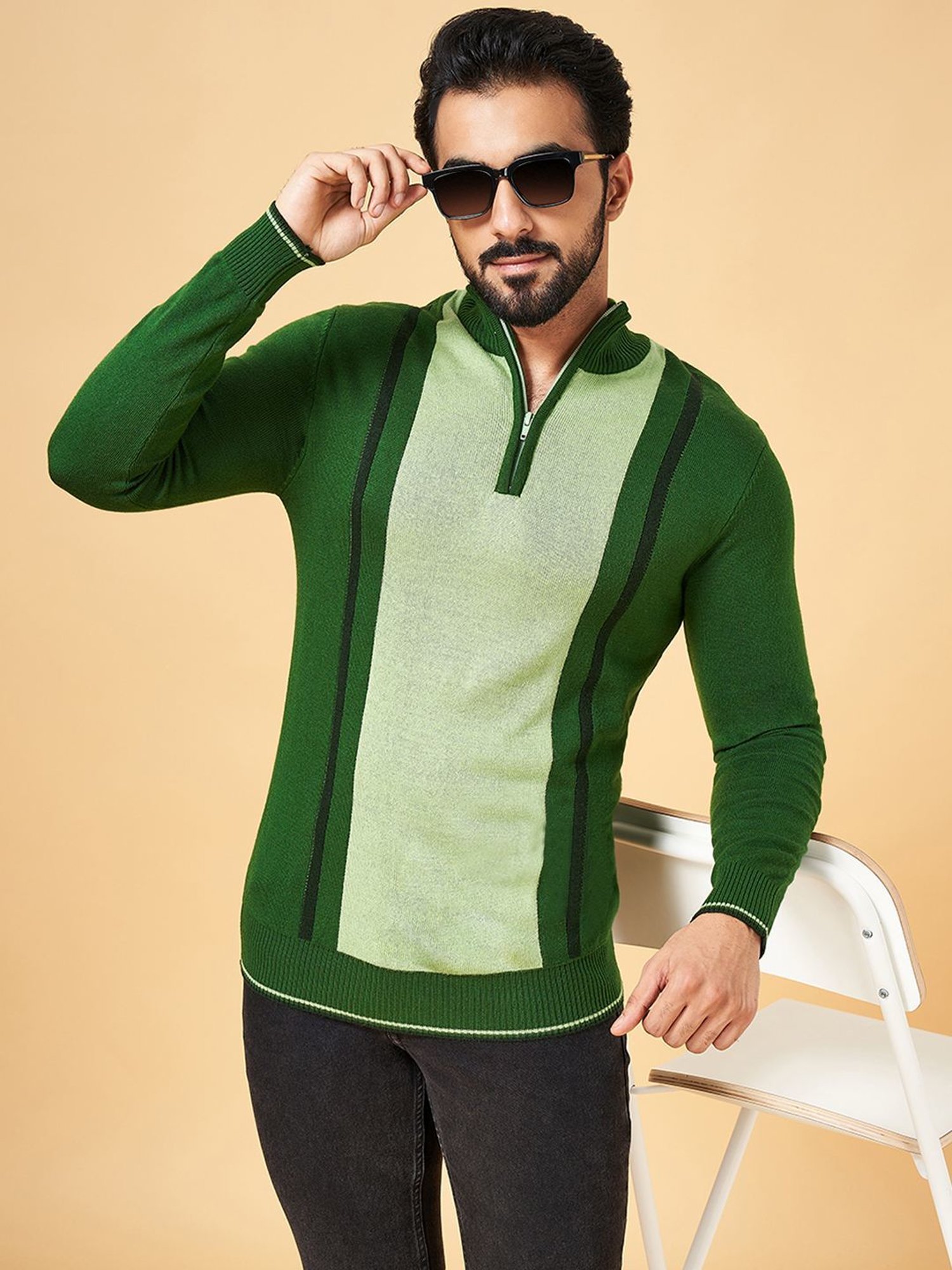 YU by Pantaloons Green Regular Fit Striped Sweater