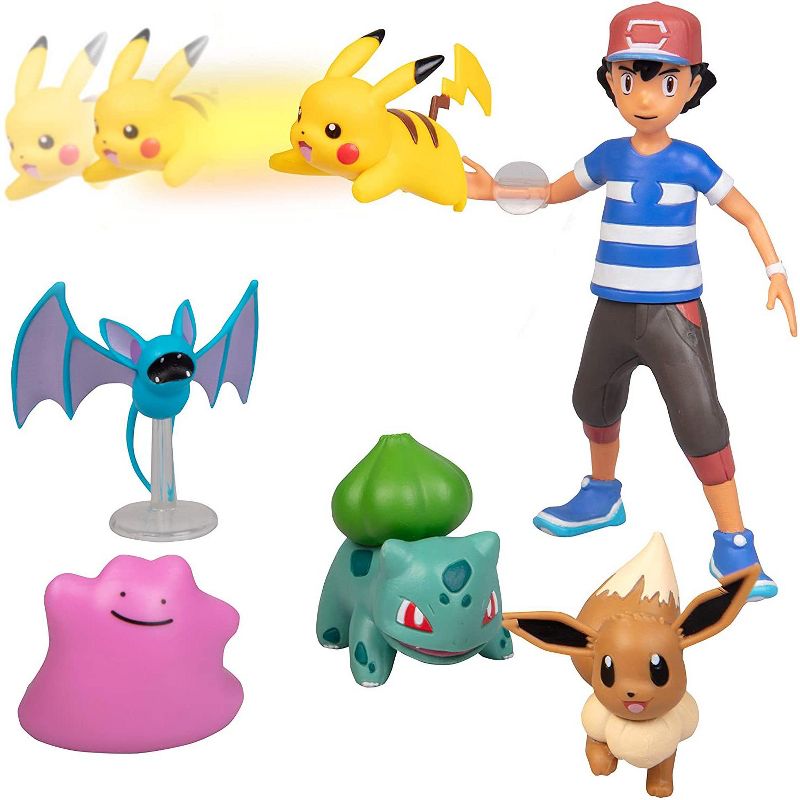 Jazwares Pokemon Battle Figure Multi Pack Set with Launching Action - Includes Ash, Pikachu, Zubat, Eevee, Ditto and Bulbasaur, 6 Pieces